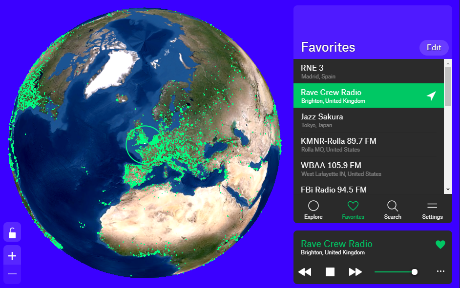 Vista de radio.garden centrada en Europa